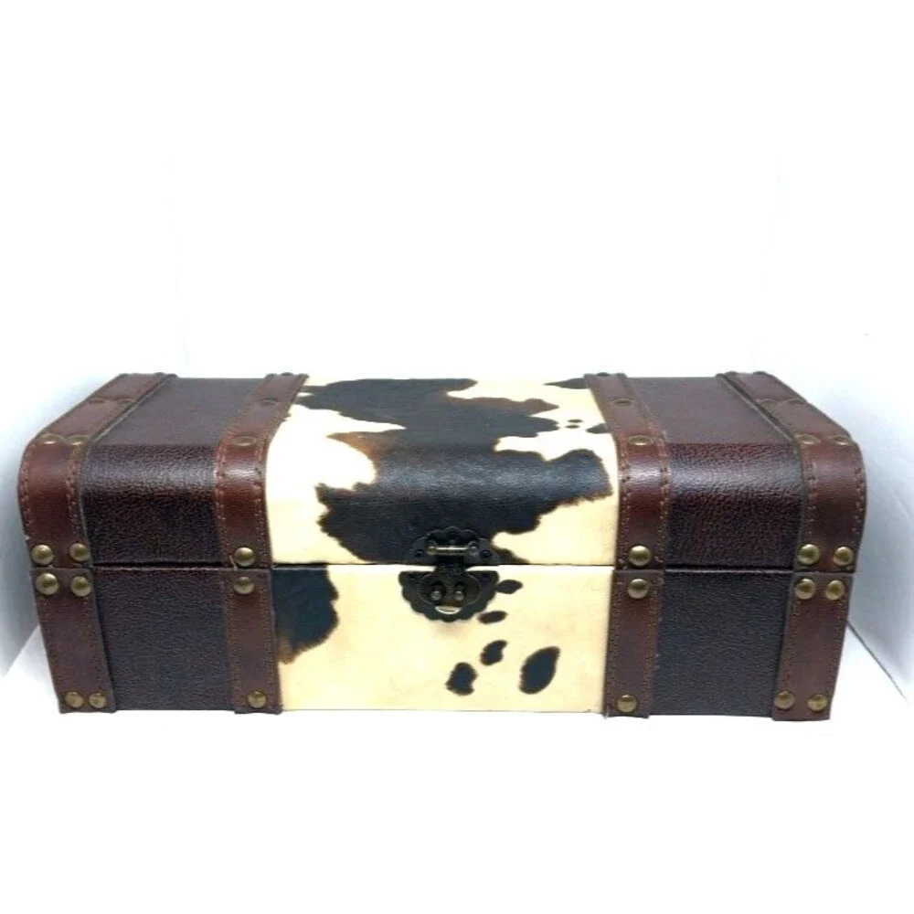 Faux Cowhide Leather Jewelry Box Brown Felt Lining 12